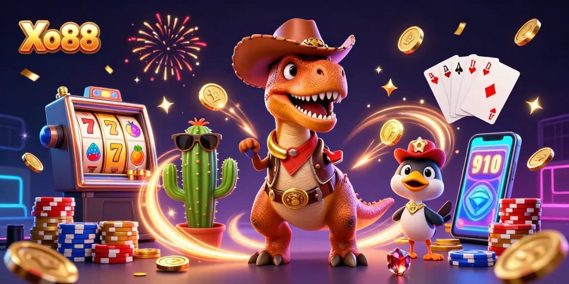 Xo88 reveals a vibrant 3D casino adventure featuring a T-Rex, slots, and jackpots with dazzling visual flair.