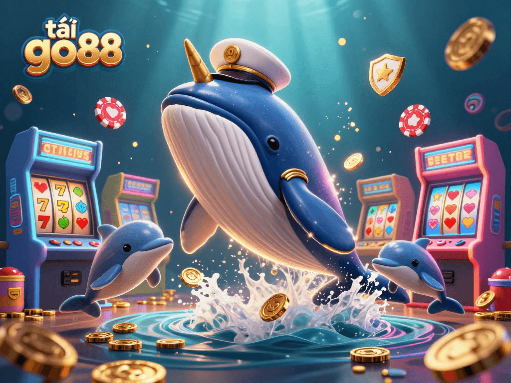 Tải go88 with vibrant underwater casino scene featuring a captain whale, narwhal, and dolphins.