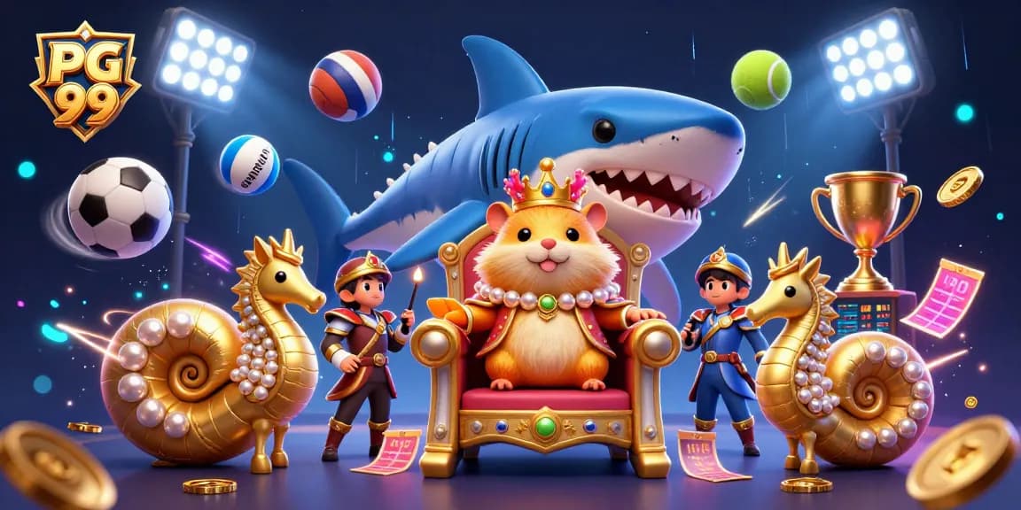 Bet on PG 99 with a cartoon hamster king amid swirling sports elements.
