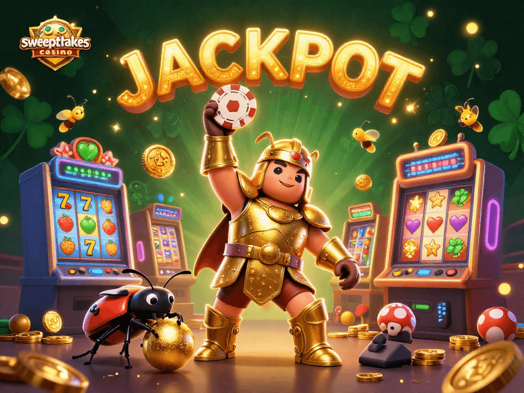 Sweepstakes casino scene featuring a victorious beetle holding a poker chip, surrounded by vibrant slot machine elements.