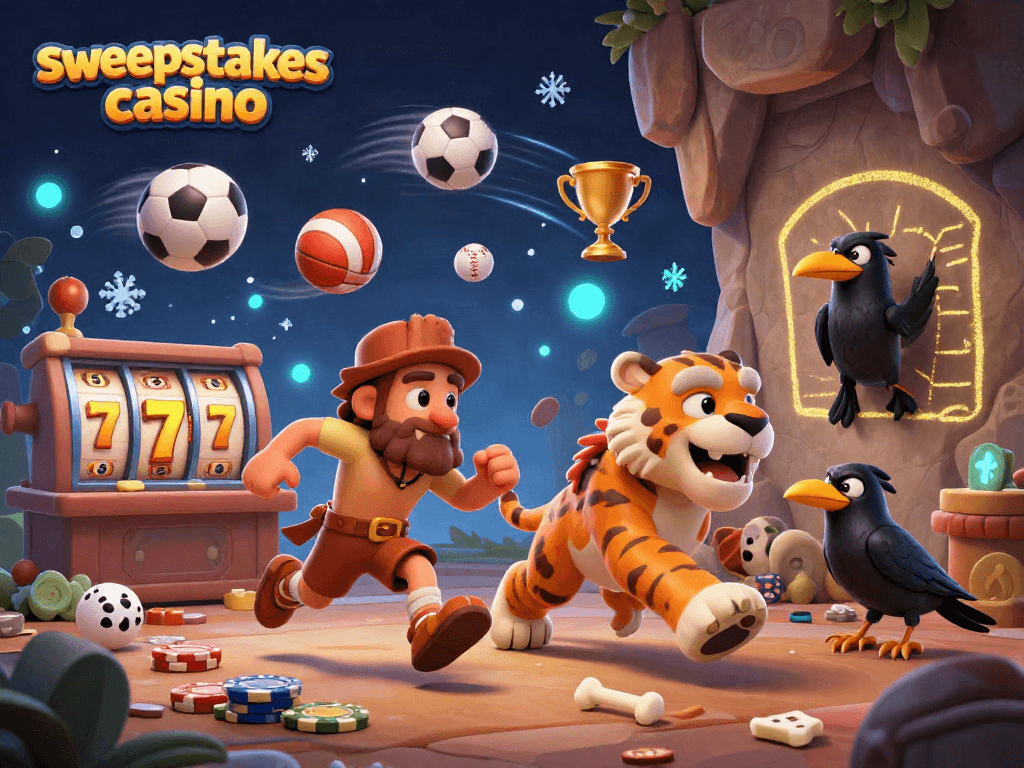 Sweepstakes casino scene with a caveman, tiger, and crow amidst dynamic sports and casino elements.