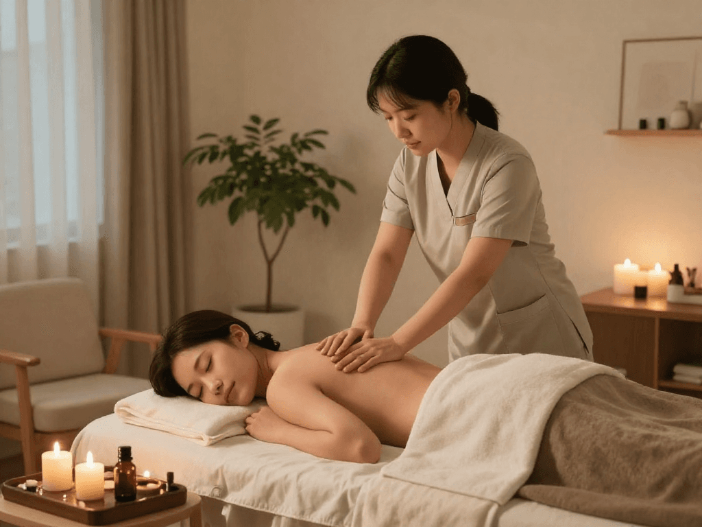 Experience ultimate relaxation with 강남출장안마 in a serene home setting, showcasing a professional massage therapy session.