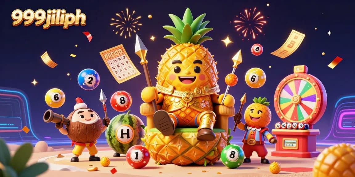 Engage with the excitement of 999jiliph, featuring a golden pineapple king amidst vibrant gaming action in a lively casino backdrop.