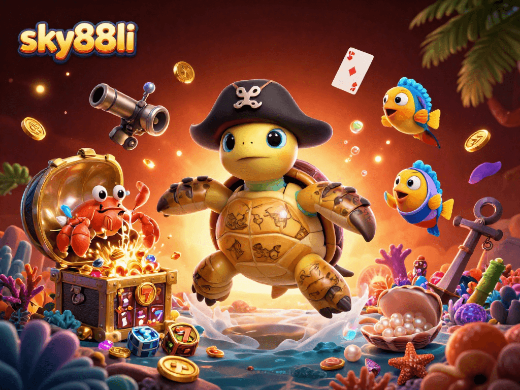 Experience thrilling adventures with sky88li as the pirate turtle, hermit crab, and parrotfish dive into exciting treasure!