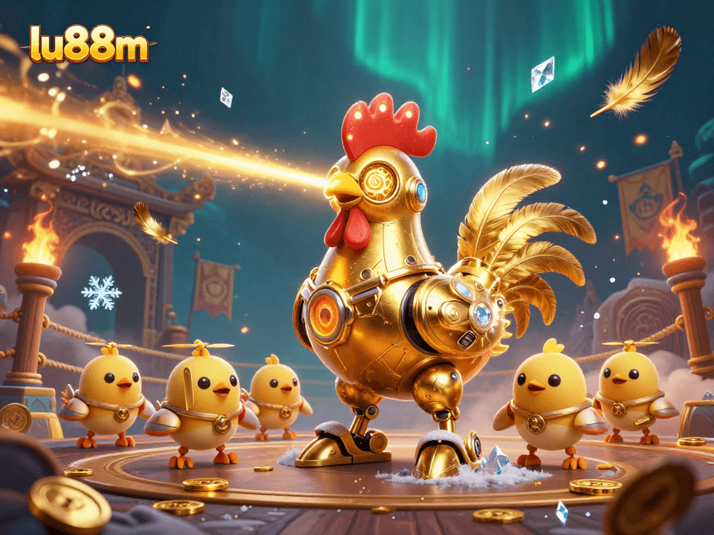 lu88m showcases an epic battle scene with a golden rooster shooting lasers, surrounded by gaming elements.