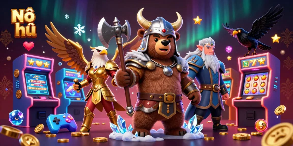 Nổ hũ slot scene featuring a Viking bear, Valkyrie eagle, and glowing casino elements.