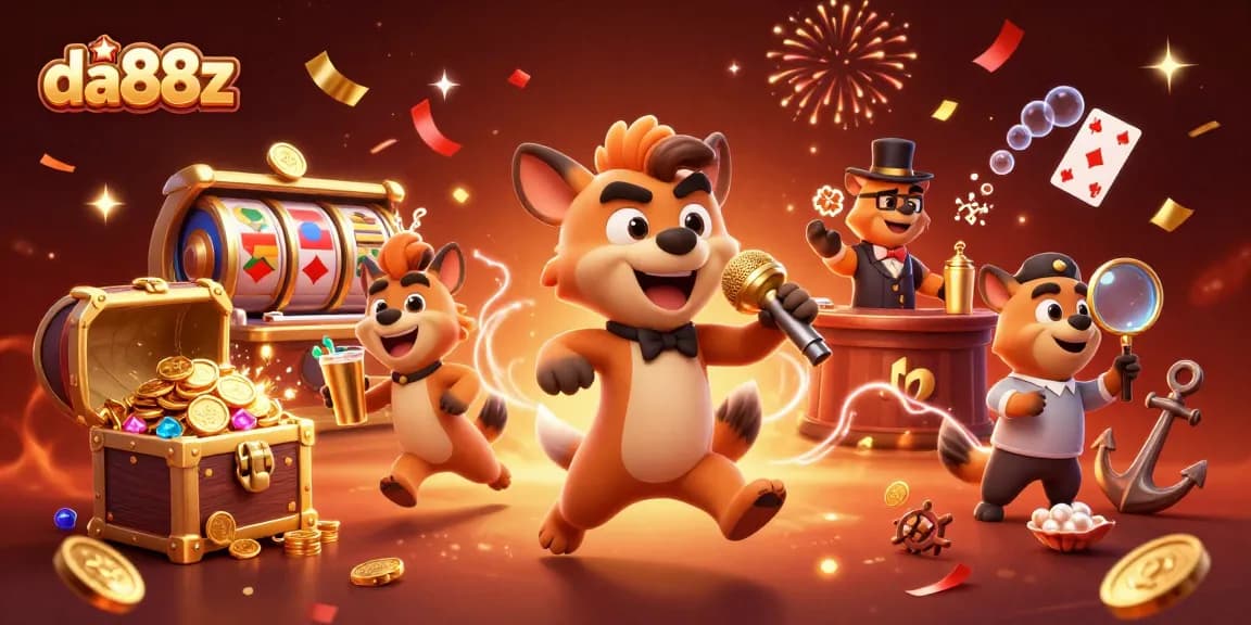 Experience fun at da88z casino with bustling hyenas, vibrant slots, and a lively atmosphere.
