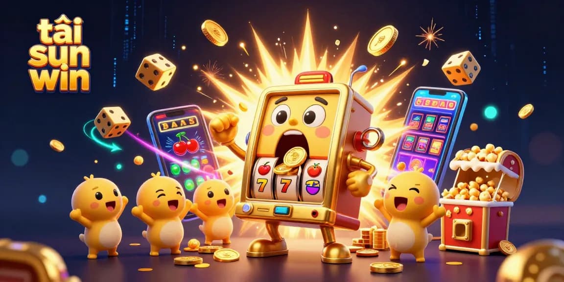 Experience the excitement of tải sun win with a playful golden slot machine in an animated jackpot scene.