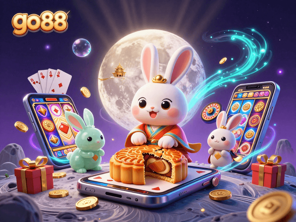 Play in the vibrant world of go 88 with moon rabbits, poker chips, and festive gaming elements.