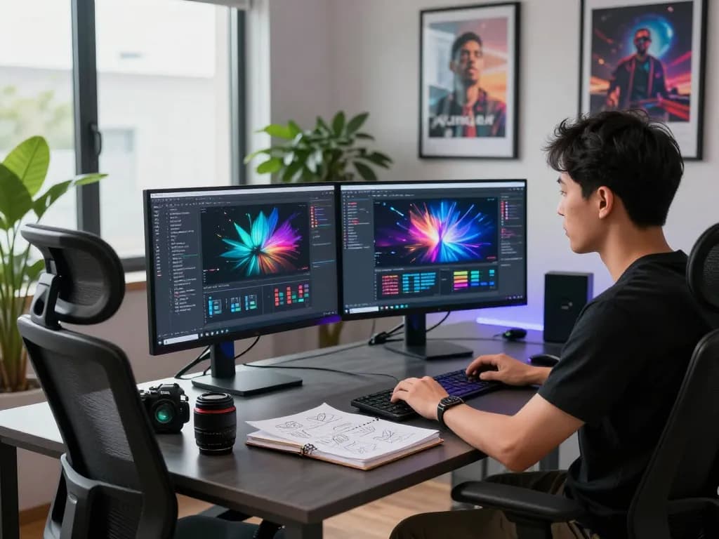 Creator using kling ai in a modern studio, dual monitors displaying vibrant AI video outputs and brainstorming notes.