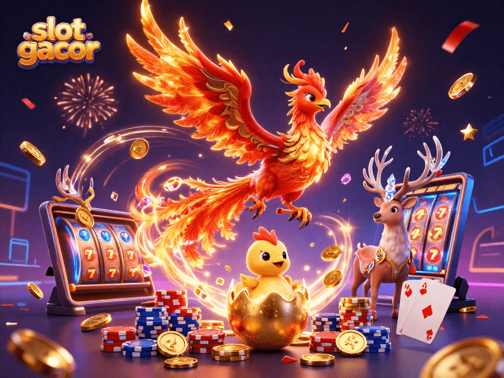 Experience the thrill of slot gacor with vibrant characters and casino elements in a dynamic 3D illustration.