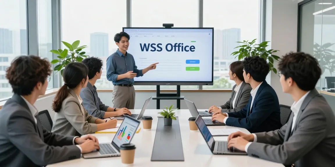 在WPS官网上展示团队协作办公的现代办公室场景,专业的团队成员围坐于会议桌旁,聚焦于展示WPS Office特色的大屏幕。