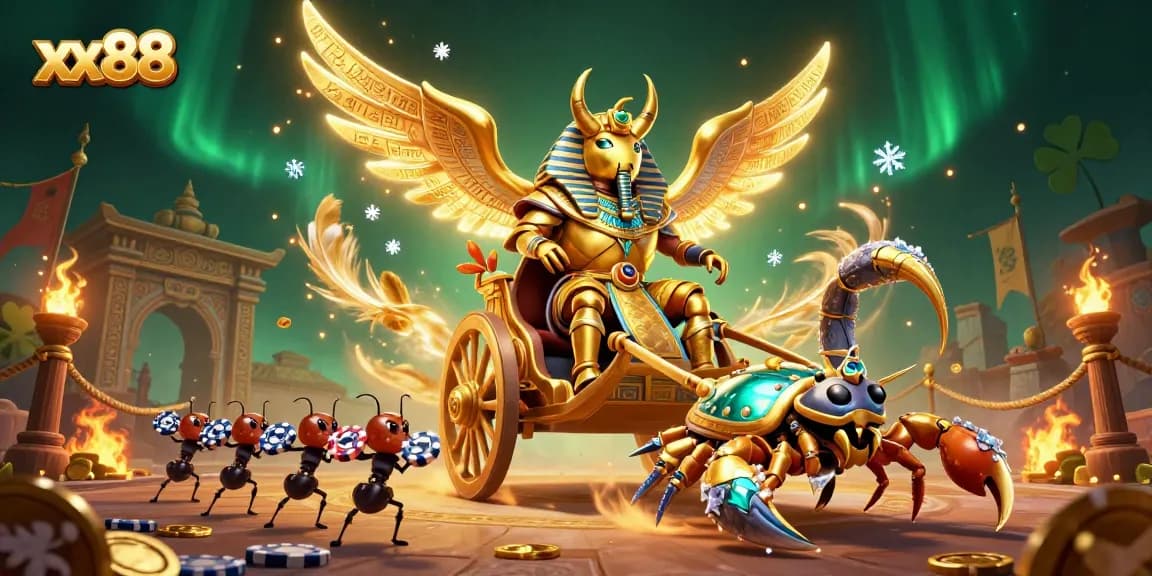 Engage with exciting gameplay at xx88 featuring a grand scene with a golden scarab and poker chips.