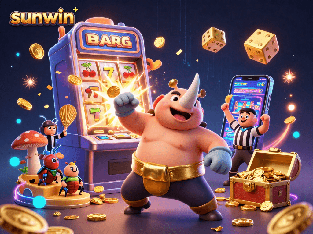 Watch the sunwin champion beetle stomp coins in an exciting casino-themed illustration.