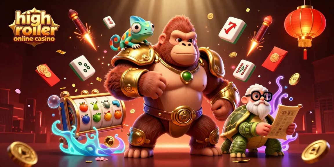 Engage at the high roller online casino with vibrant 3D characters and jackpots swirling around.