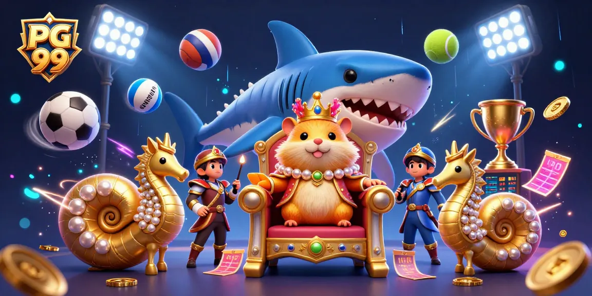 Bet on PG 99 with a cartoon hamster king amid swirling sports elements.