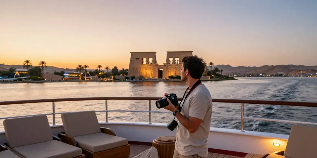 Lake Nasser Cruise sunset experience with traveler enjoying scenic views.