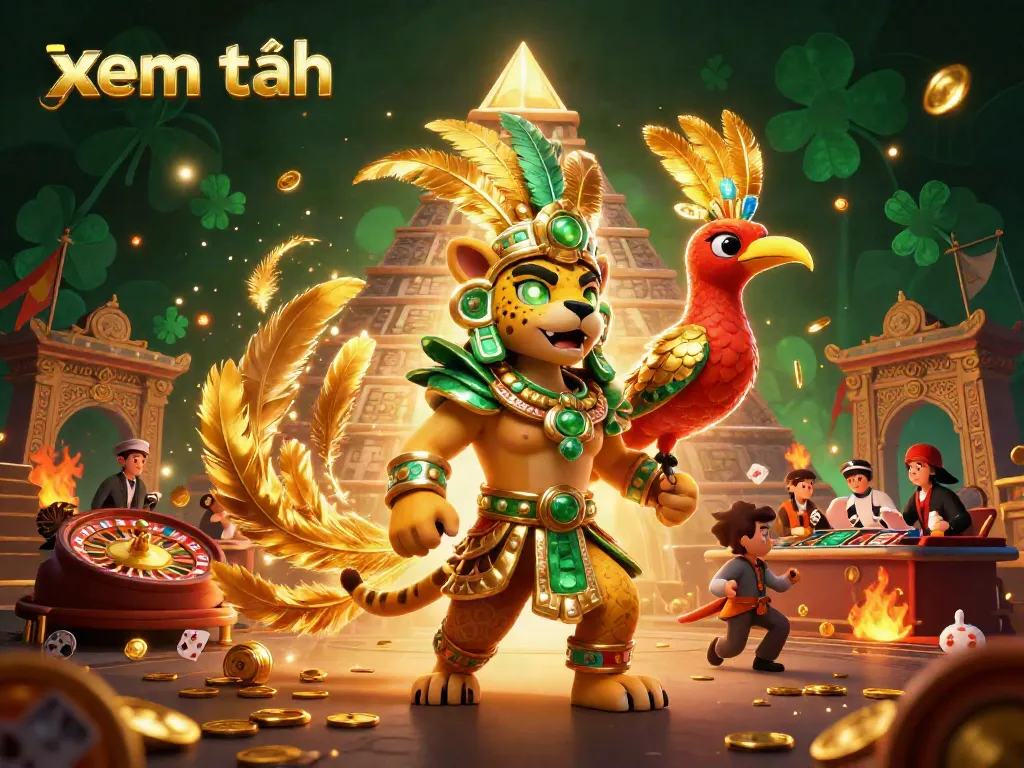 Engage with exhilarating casino action featuring xem thêm in an atmospheric scene with vibrant characters and golden accents.