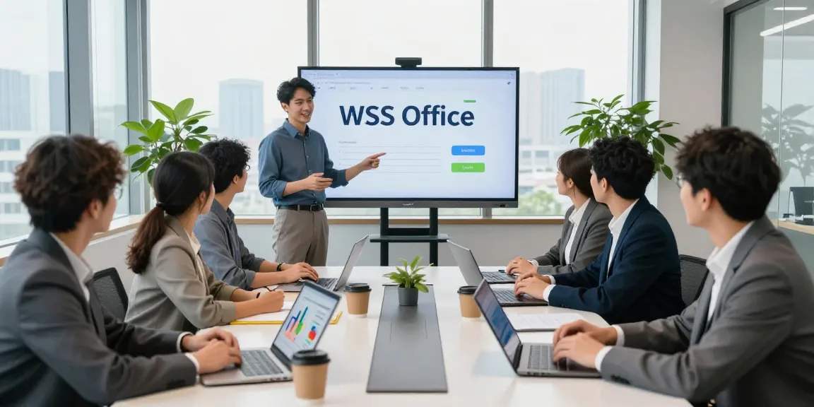 在WPS官网上展示团队协作办公的现代办公室场景,专业的团队成员围坐于会议桌旁,聚焦于展示WPS Office特色的大屏幕。