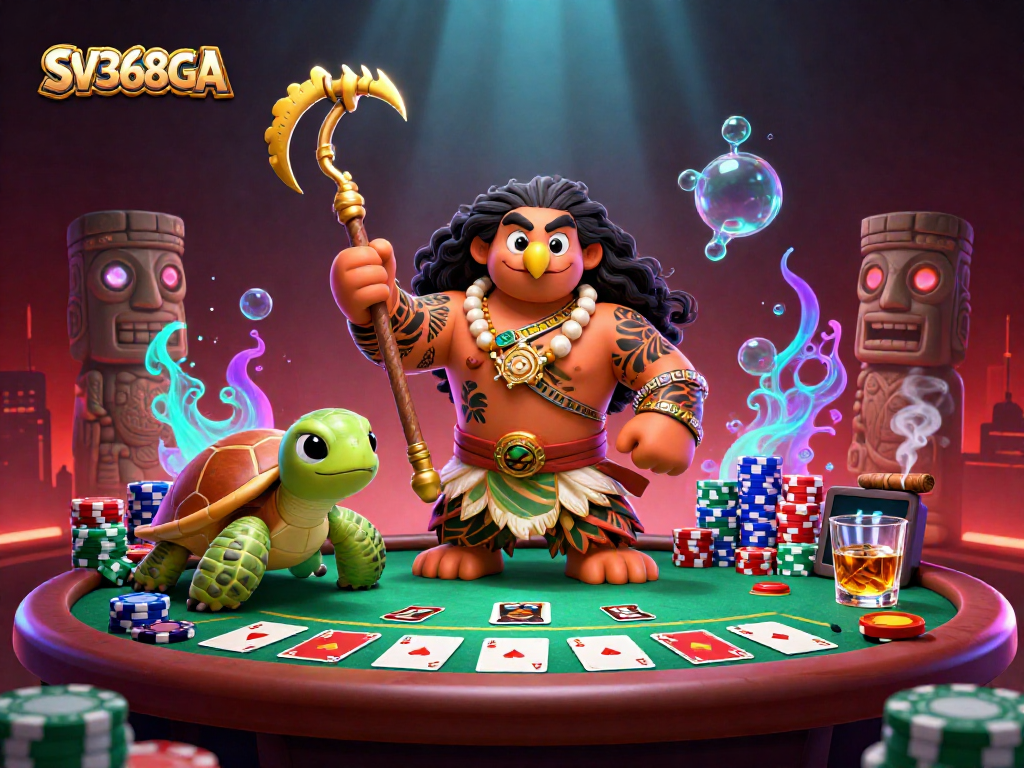 Engage in poker excitement with SV368GA, featuring an epic 3D demigod and vibrant casino elements.