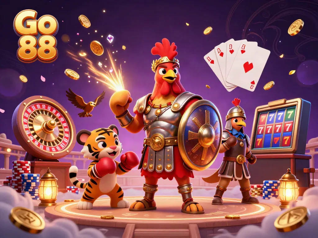 Experience the excitement of Go 88 with a vibrant casino scene featuring a gallant rooster, sparring tiger cub, and dynamic gaming elements.