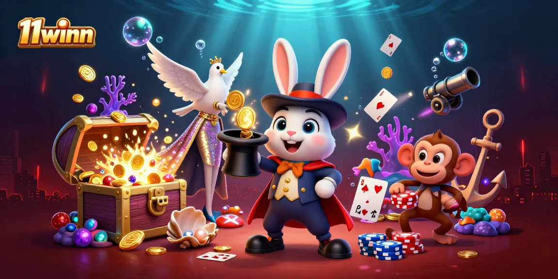 Experience winnings at 11winn with a magical scene featuring a rabbit, dove, and monkey in a casino setting.