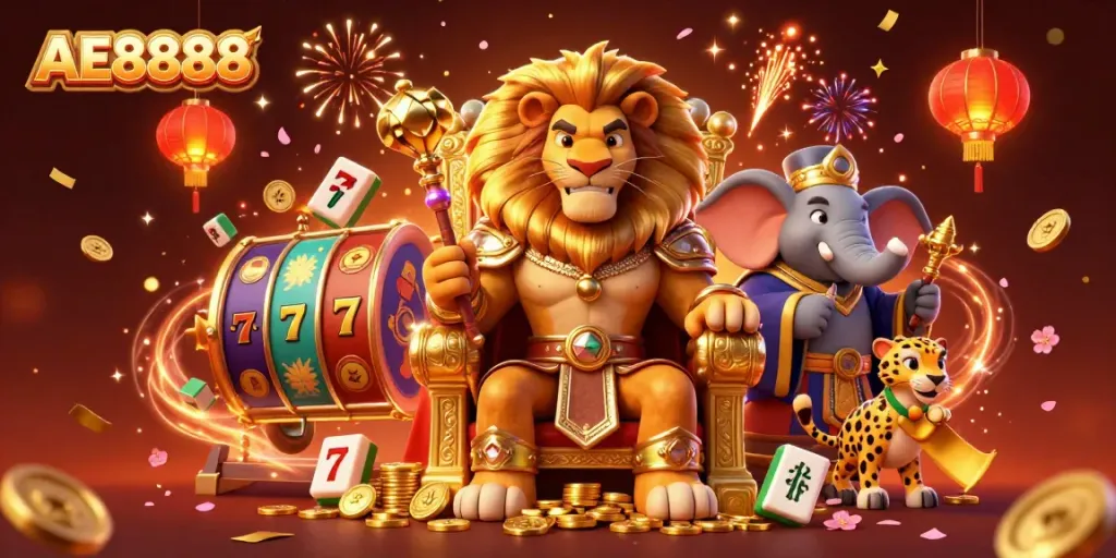 Experience the thrill of AE8888 with a lion king and beautiful casino elements in a vibrant, celebratory scene.