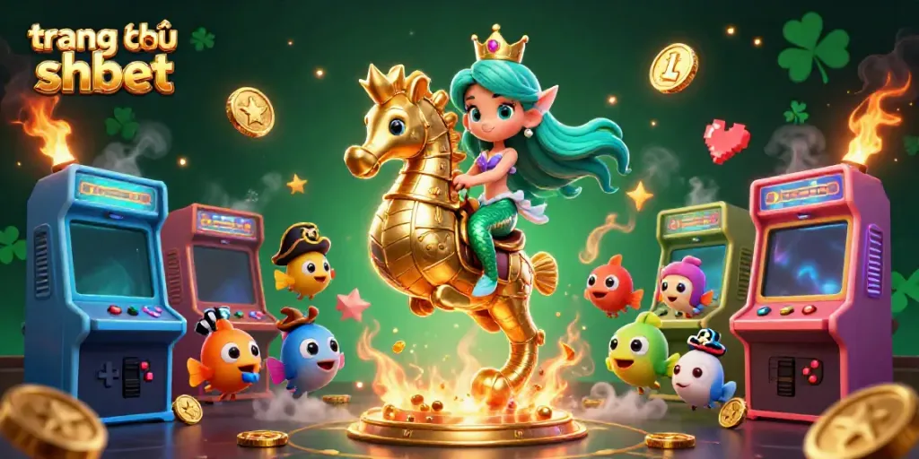 Engage in thrilling gameplay at trang chủ shbet with vibrant 3D casino elements featuring a mermaid princess, seahorse, and arcade machines.