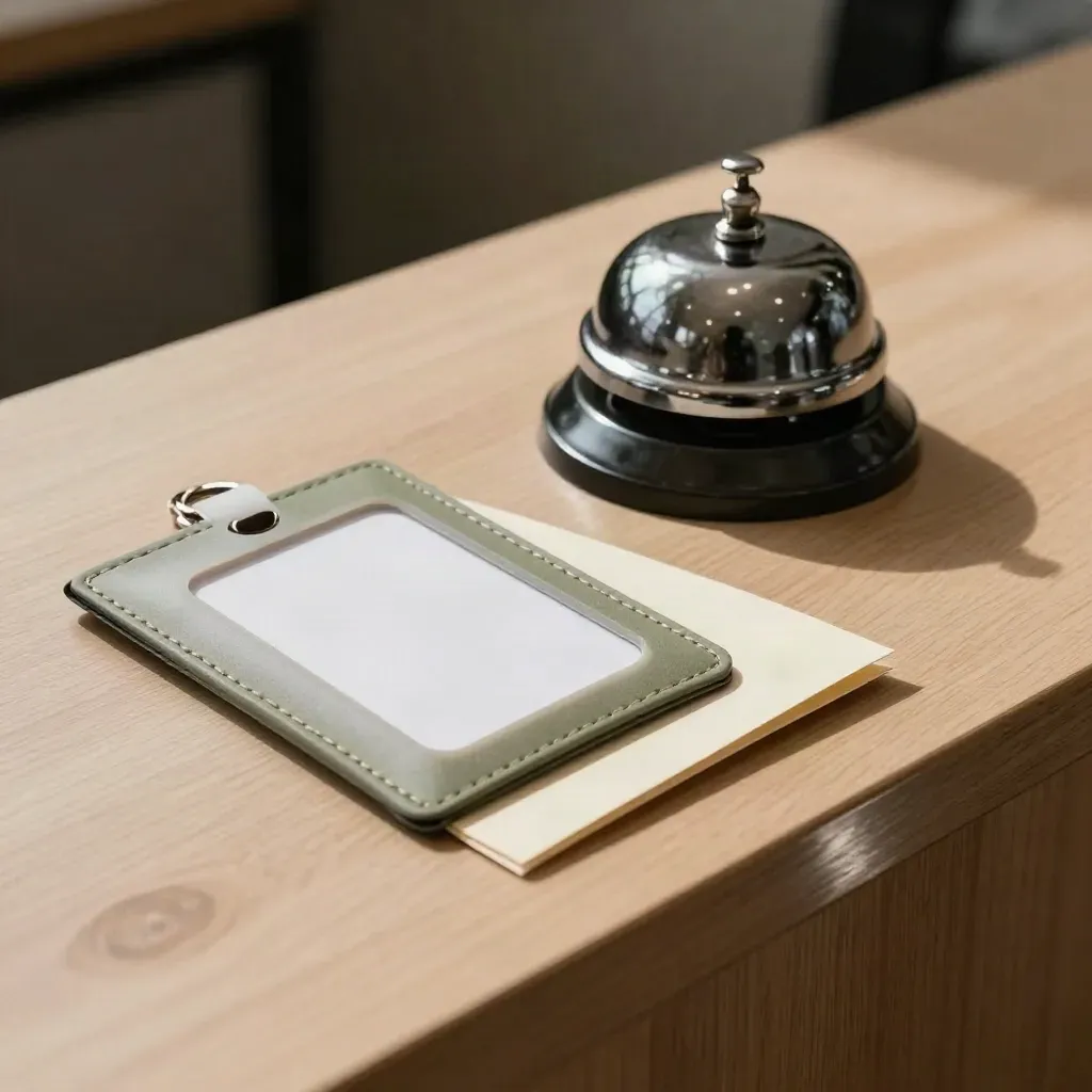 Frosted keycard sleeve, concierge bell, and half-open document pouch on pale wood.