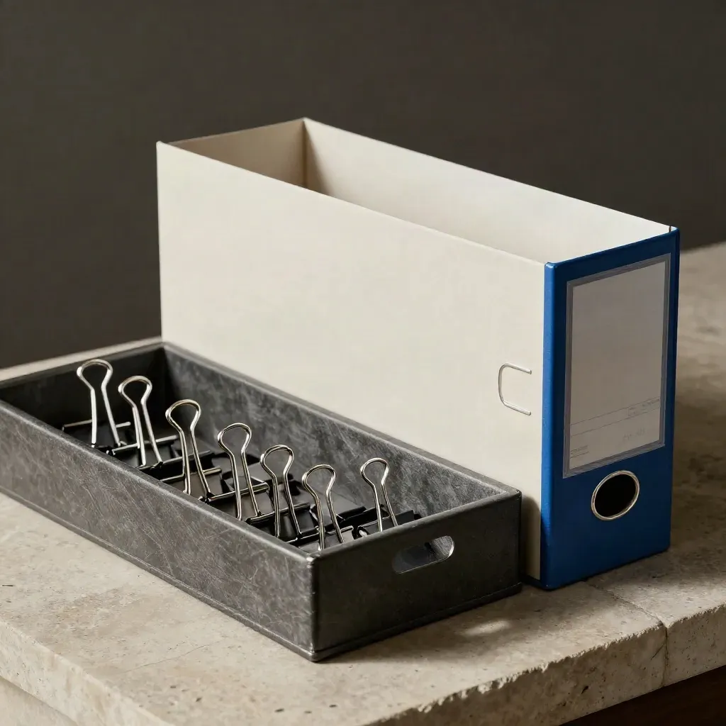 Monochrome filing tray, binder clips, and archive box on stone in soft studio light