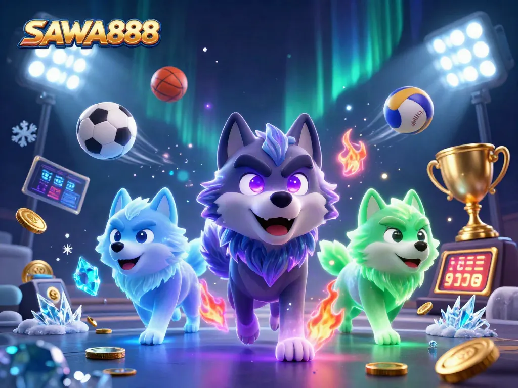 Experience thrilling action with SAWA888 through dynamic sports betting elements and mystical wolf characters.