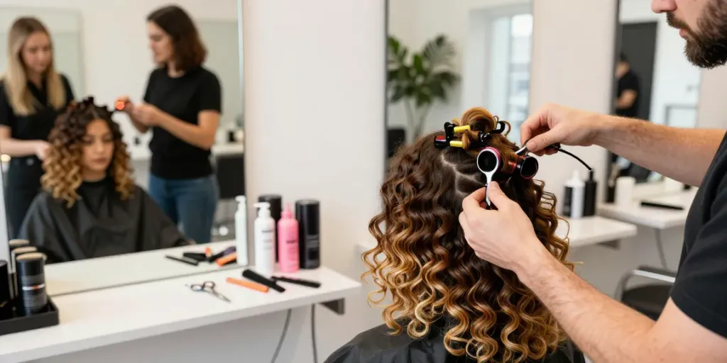 Beauty salon scene featuring curly hair clip in extensions being applied for a stunning transformation.