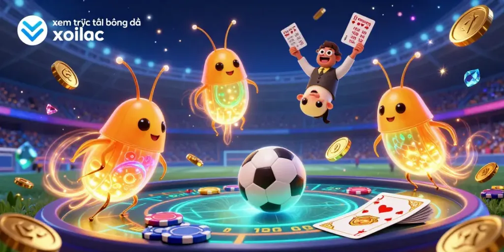 Engaging scene illustrating xem trực tiếp bóng đá xoilac with animated glowworms lighting up an energetic soccer betting environment.