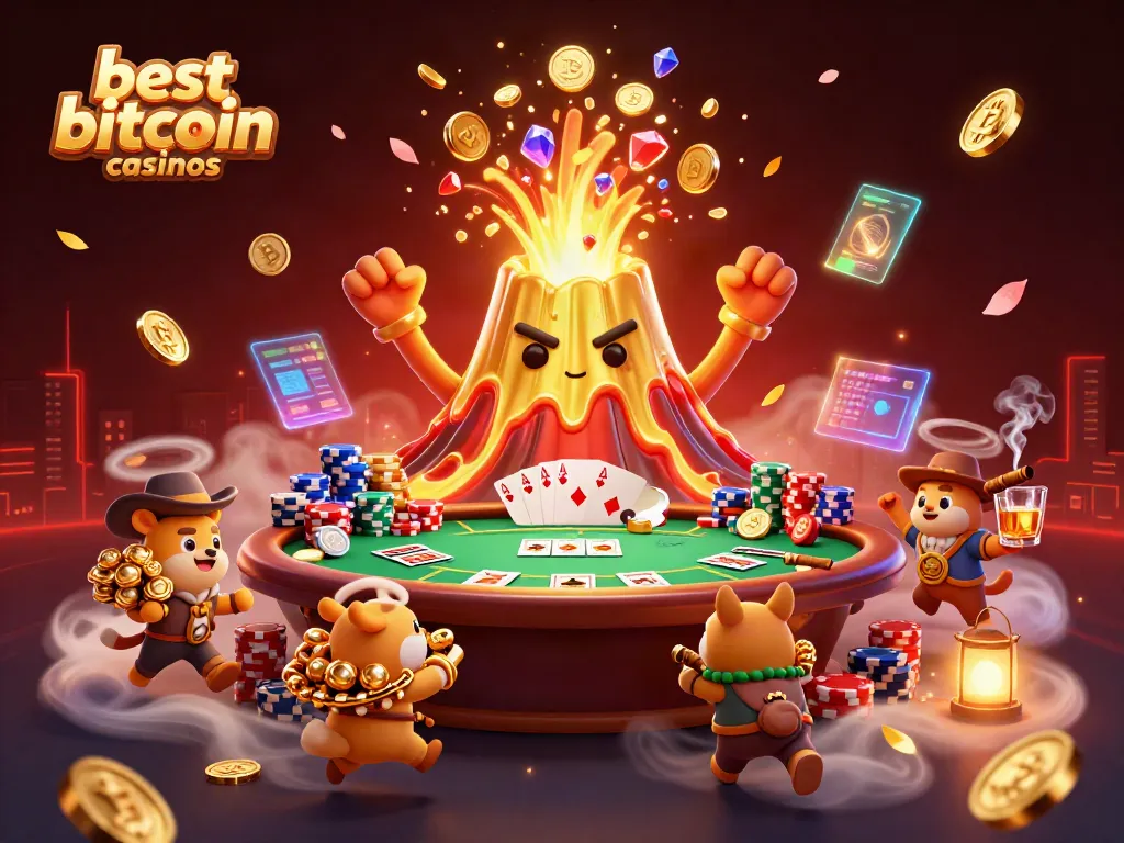 Engage with the best bitcoin casinos featuring a golden volcano erupting coins, gems, and blockchain elements.