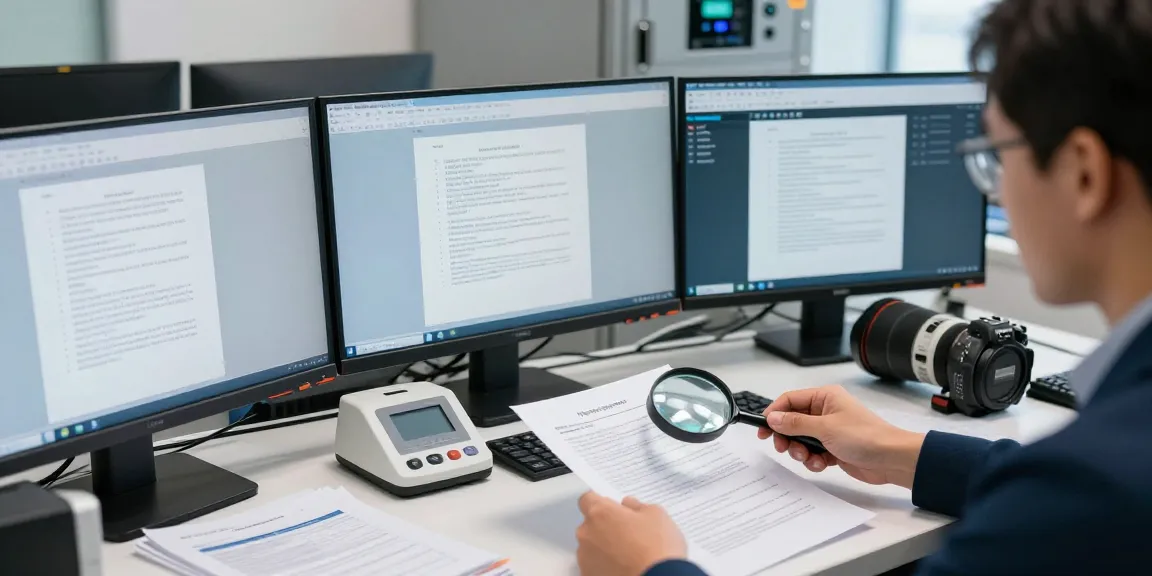 Document fraud detection in a modern office with an analyst examining digital files and security tools.