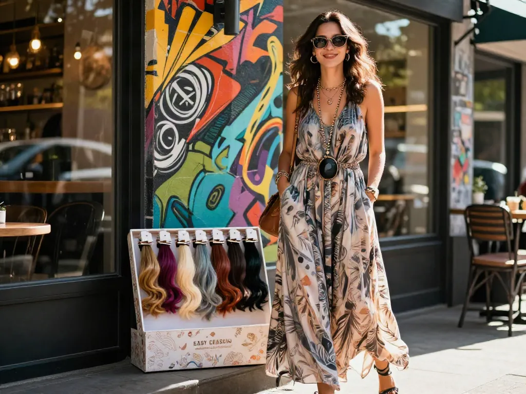 Stylish woman showcasing easy clip in extensions in vibrant urban setting.