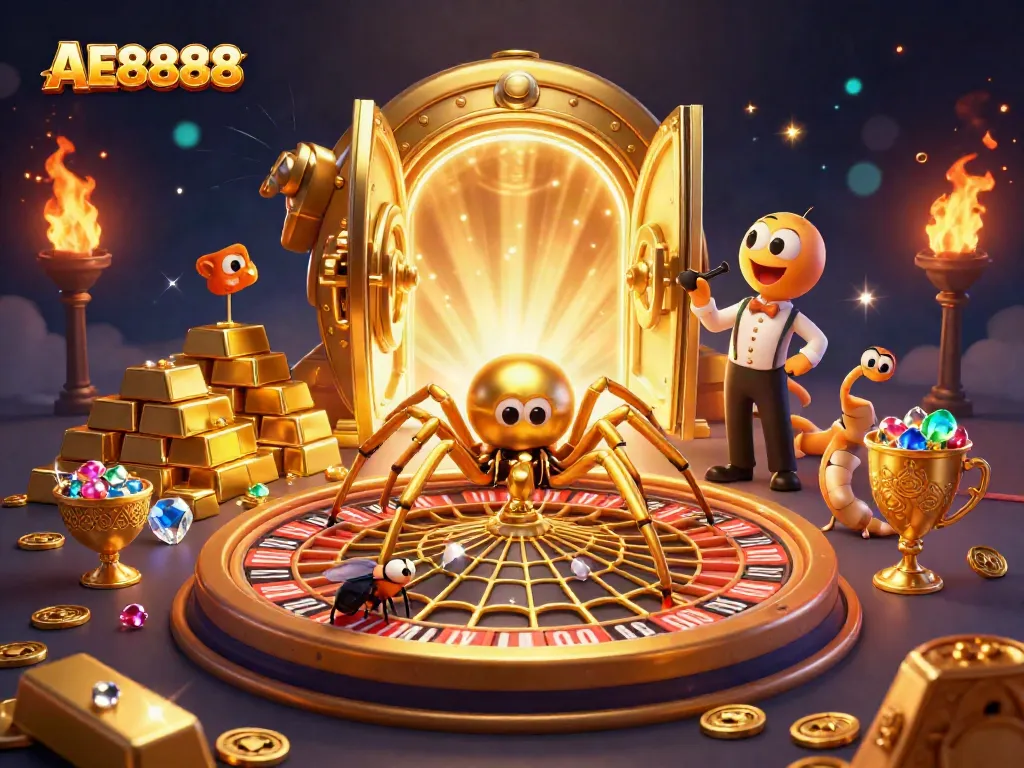 Place bets smartly with AE8888's thrilling roulette-inspired golden web illustration.