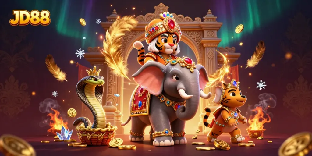 Experience the thrill of JD88 with a vibrant 3D casino illustration featuring a majestic tiger and vibrant elements.