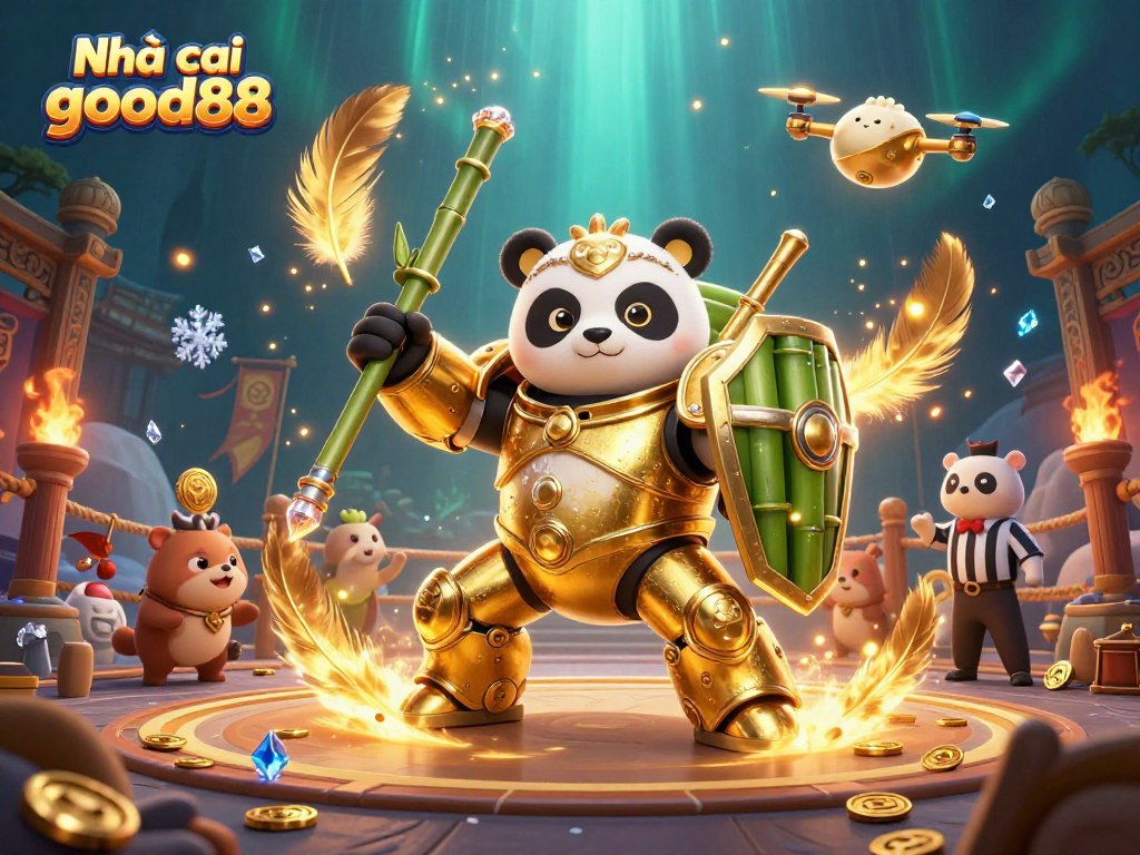 Bet on excitement with Nhà cái good88 in a dynamic 3D casino scene featuring a golden panda robot.