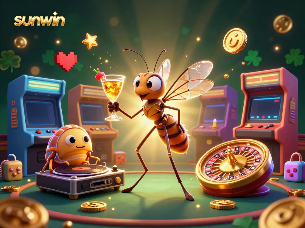 Experience sunwin's dynamic casino atmosphere featuring a unique animated scene with lively characters and engaging game elements.