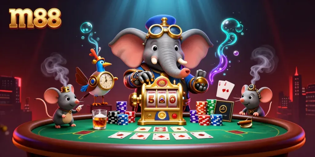 Win at m88 with a vibrant scene of a steampunk elephant engineer operating a golden slot machine, casino elements abound.