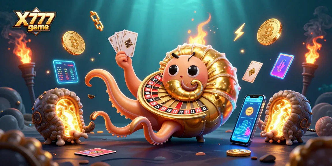 X777 game showcases thrilling gambling action with an ancient nautilus roulette wheel surrounded by vibrant Bitcoin and Ethereum elements.