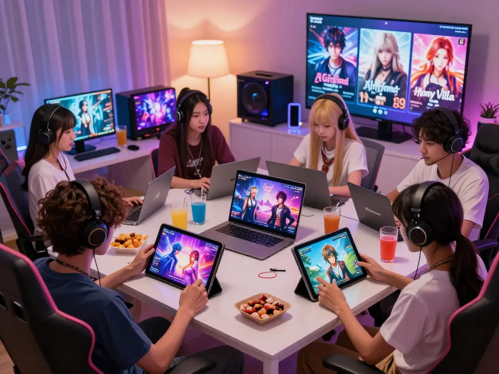 Engaging characters in a vibrant setting showcasing popular porn games online, captivating diverse interactions across devices.