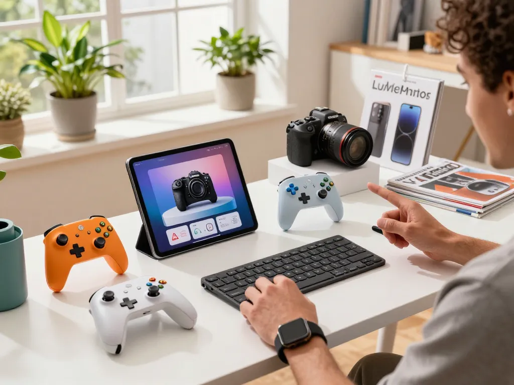 Engaged individual exploring must have tech gadgets in a stylish home office.