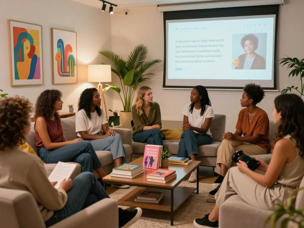 Open discussion about sex AI technology in a vibrant lounge with diverse individuals.