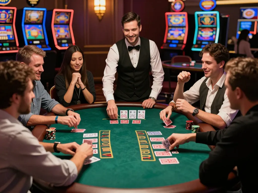 CM88 blackjack game in an upscale casino, players celebrating thrilling wins around the table