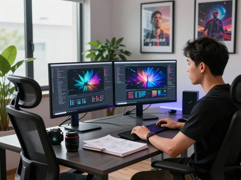 Creator using kling ai in a modern studio, dual monitors displaying vibrant AI video outputs and brainstorming notes.