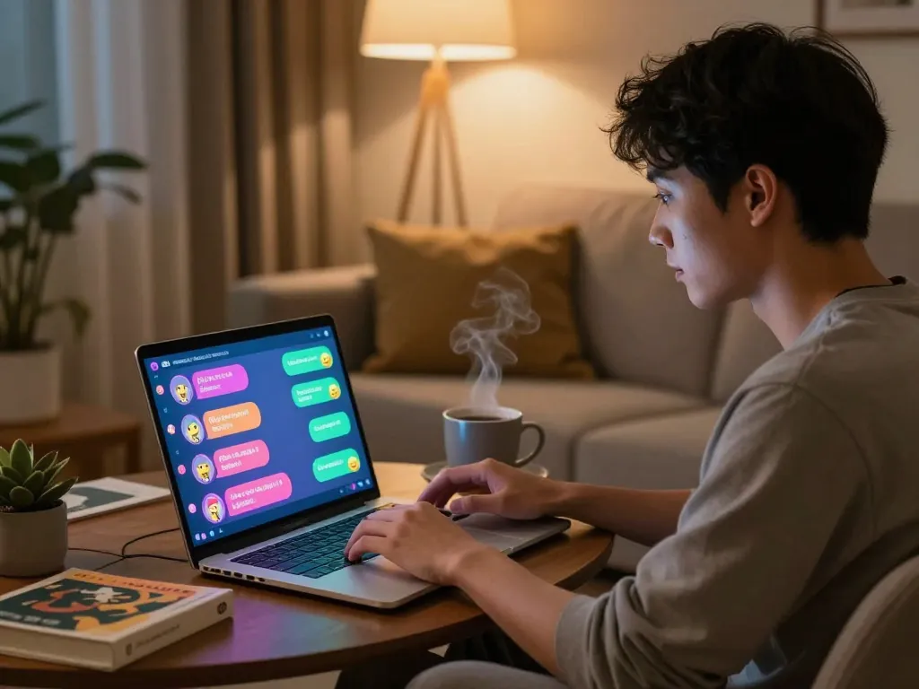 User engaging in AI nsfw chat on laptop in cozy home setting.
