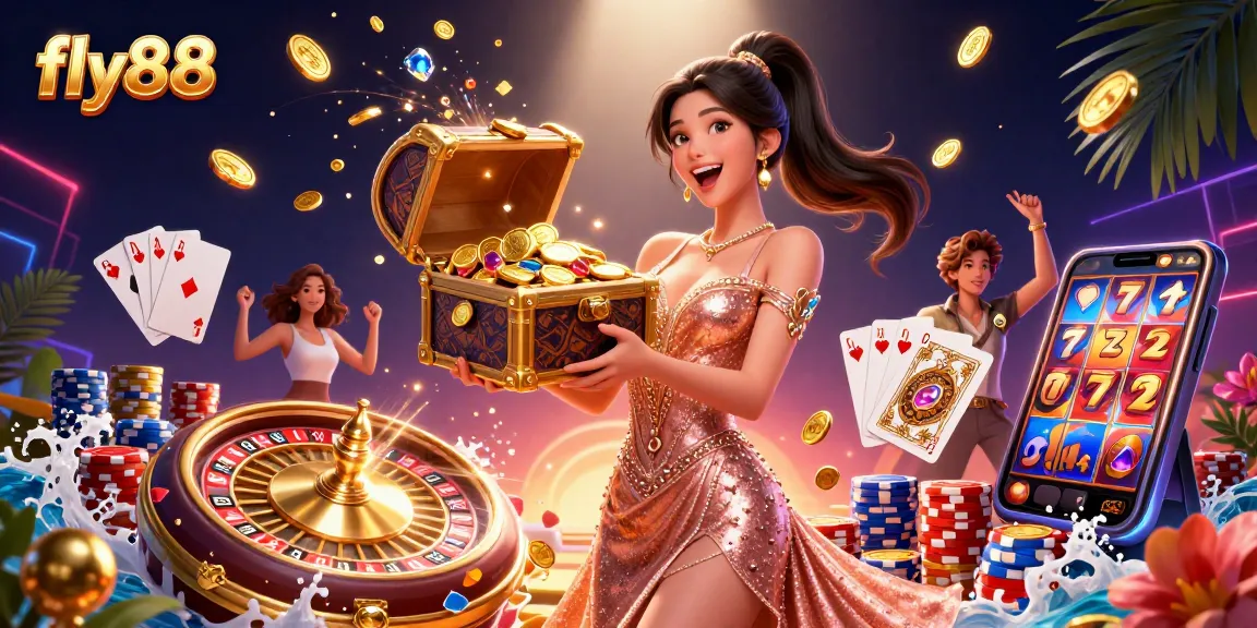 Experience the excitement of fly88 with a treasure chest of winnings, gems, and casino games.