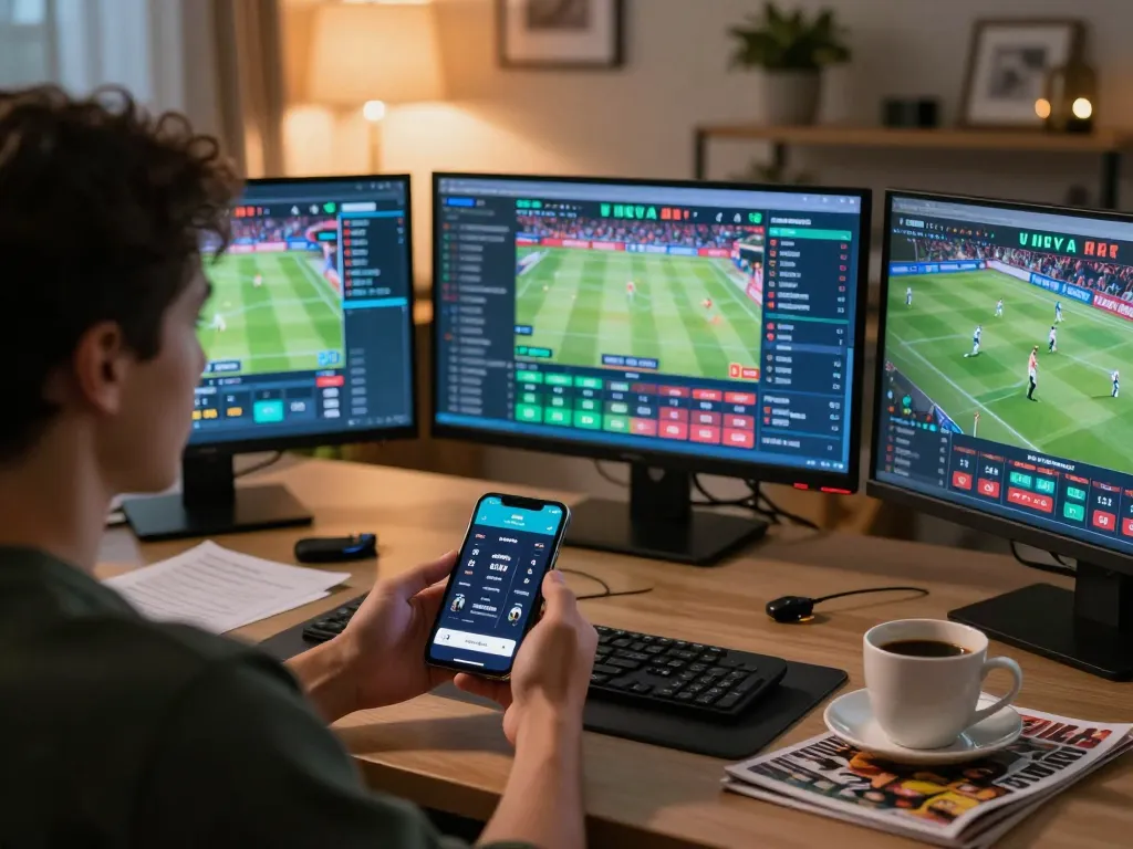 Engaged gambler using nohu betting app on smartphone amidst multiple screens displaying sports events.